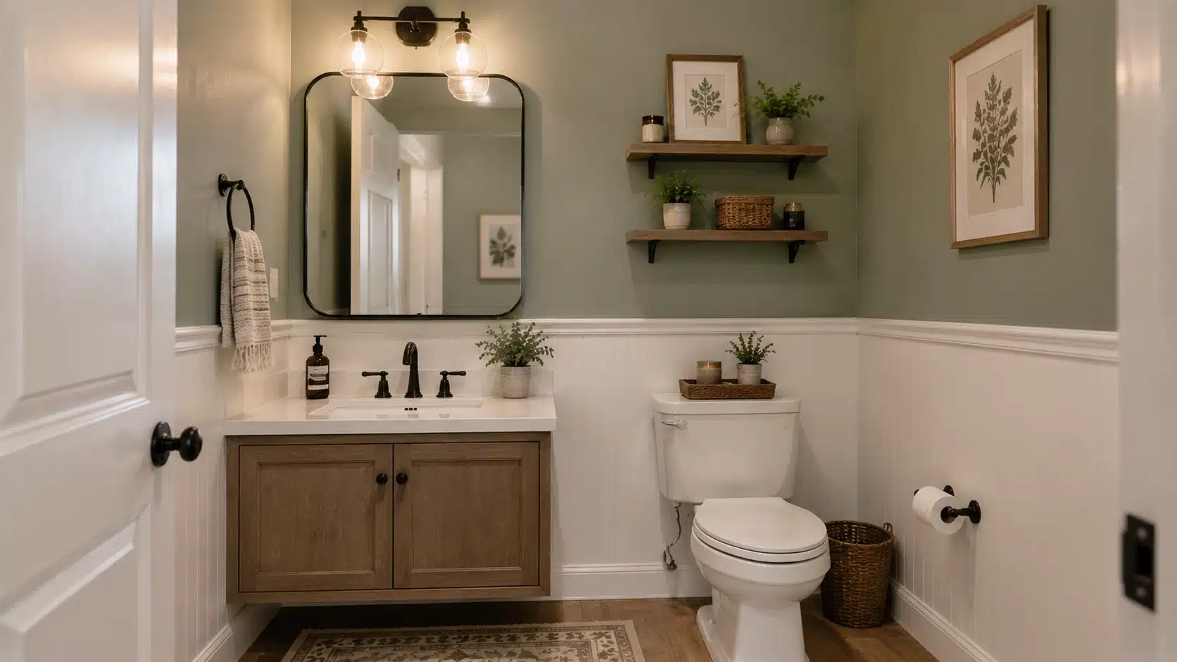 Budget half bathroom makeover with fresh paint, updated lighting, new hardware, and affordable decor changes.