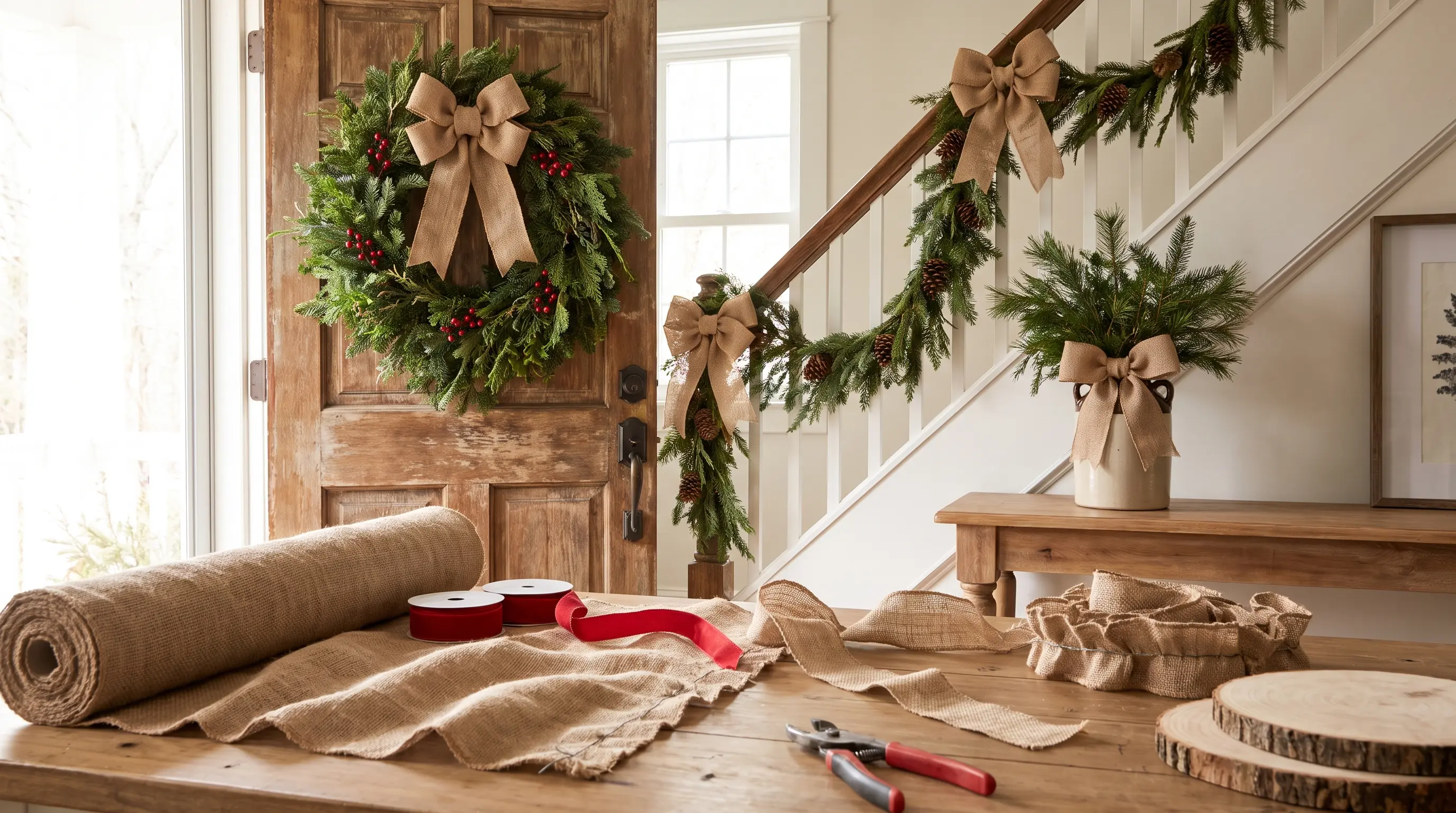 Burlap Christmas bows with greenery and rustic accents