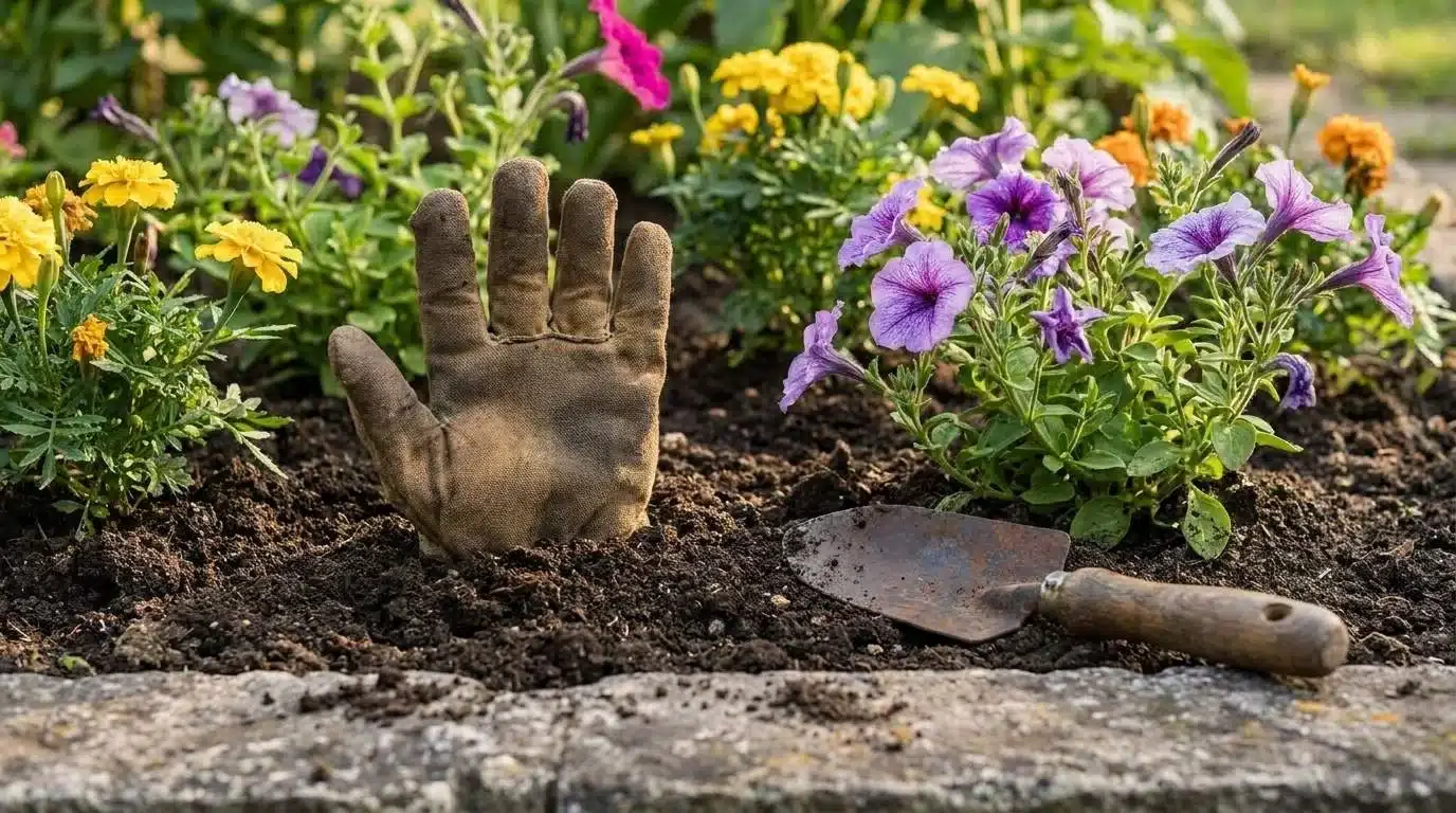 Stuffed glove poking out of a flower bed