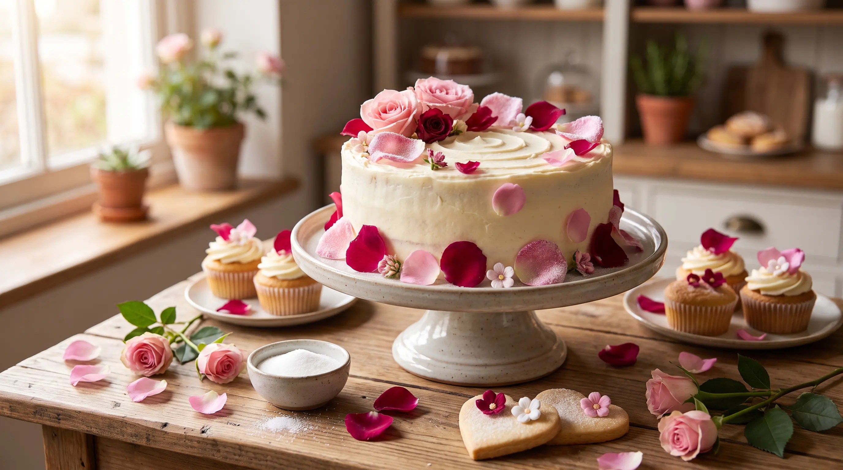 Cake decorated with edible rose petals for an elegant floral dessert presentation