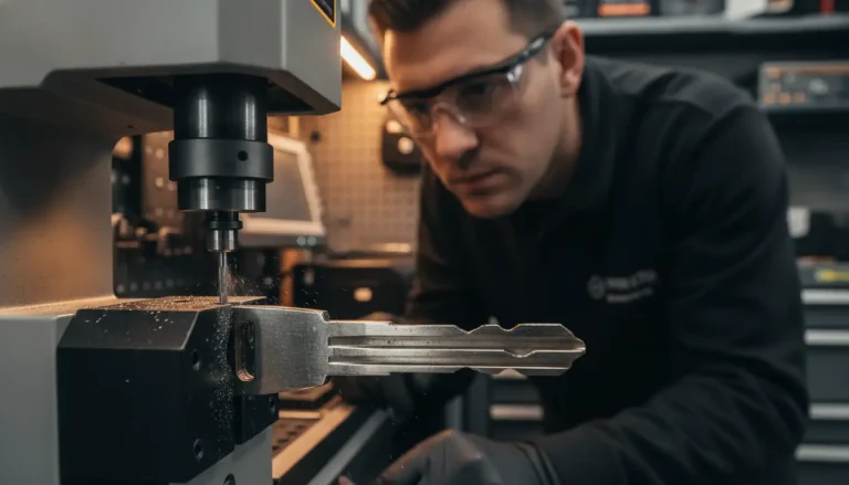 Key being cut by a machine in an industrial workshop setting