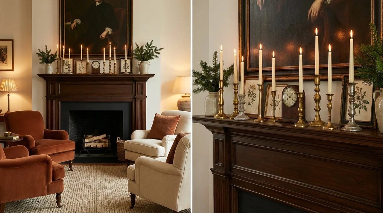 Fireplace mantel decorated with brass candlesticks of varying heights and warm ambient lighting.