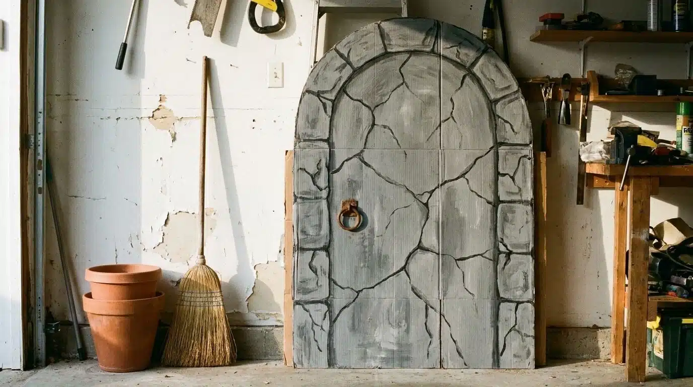 Cardboard crypt door leaning against a garage wall