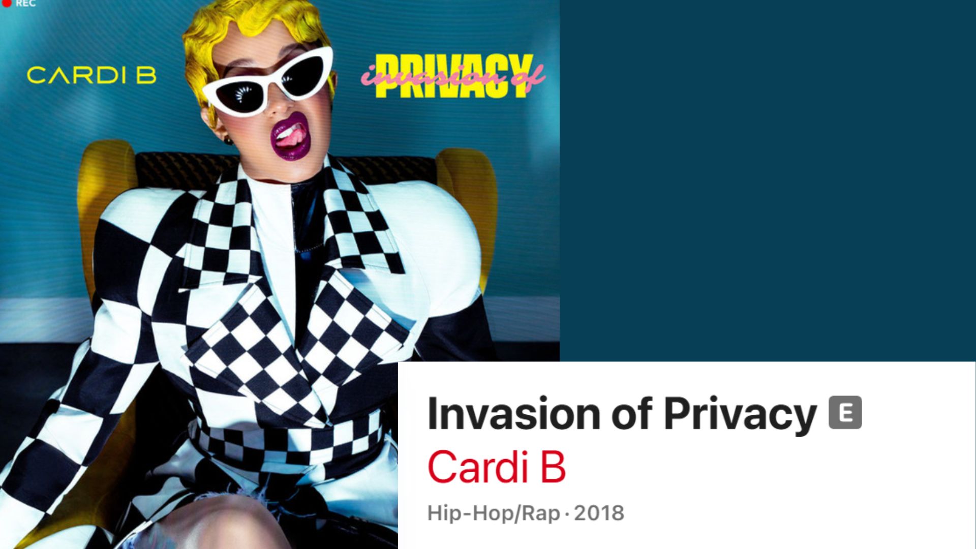 Cardi B wearing a black and white checkered outfit with white sunglasses in a stylized Privacy-era promotional image