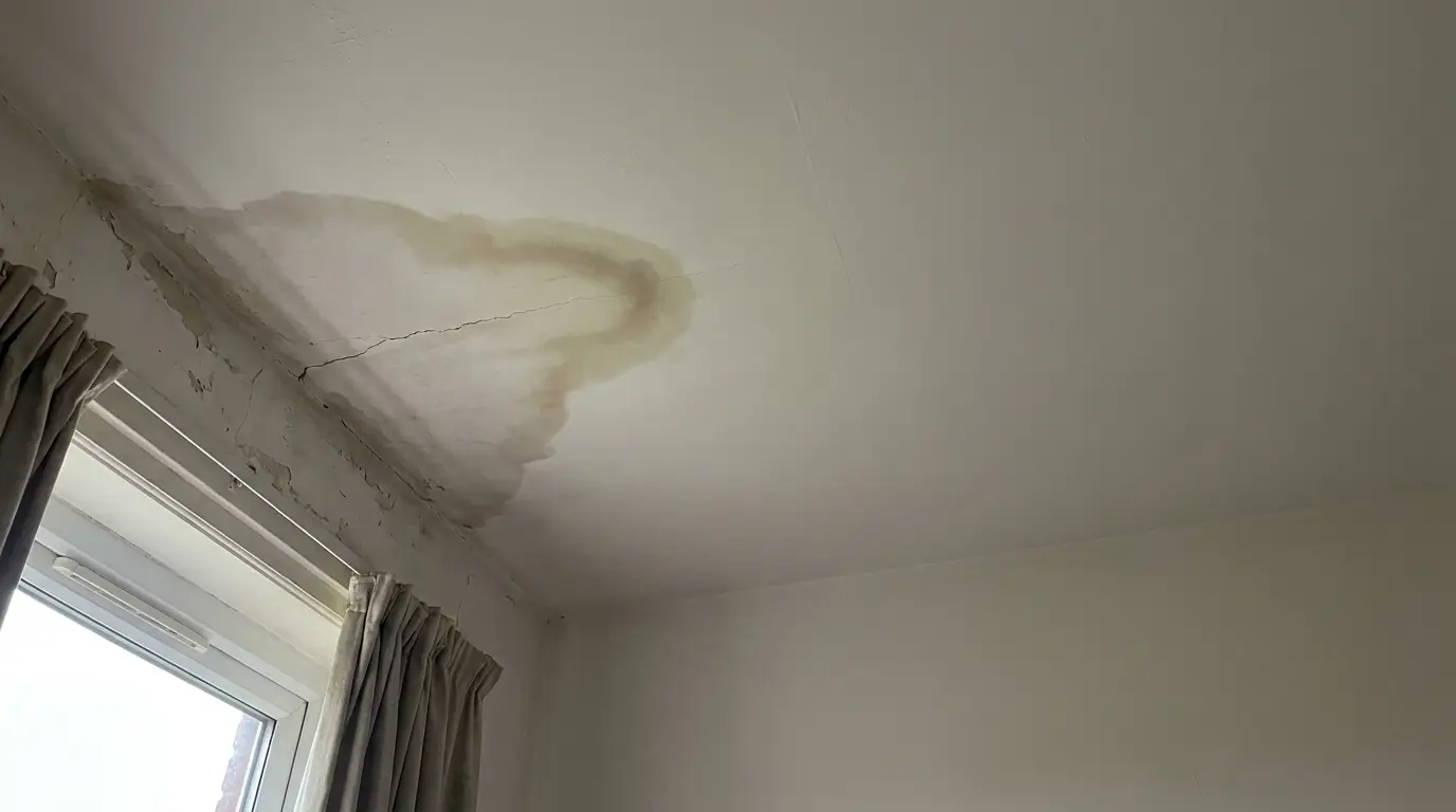 Water-stained ceiling with visible crack near window and beige curtains in indoor room