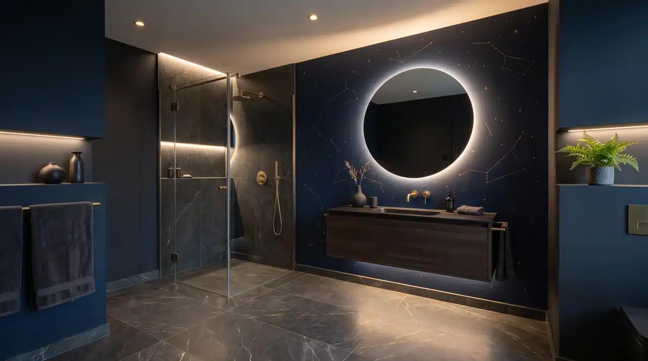celestial style dark bathroom with midnight blue or black as base