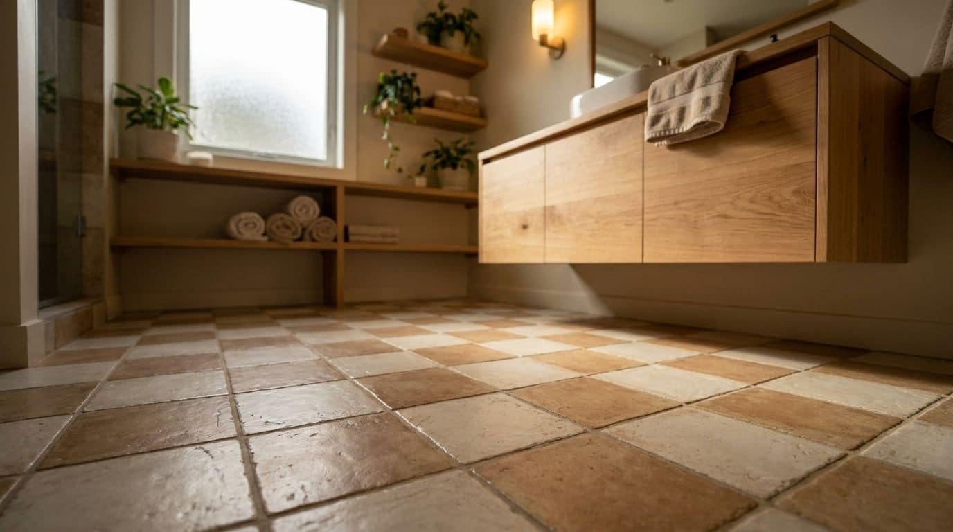 Full view of a bathroom floor in cream and light brown checkerboard tile