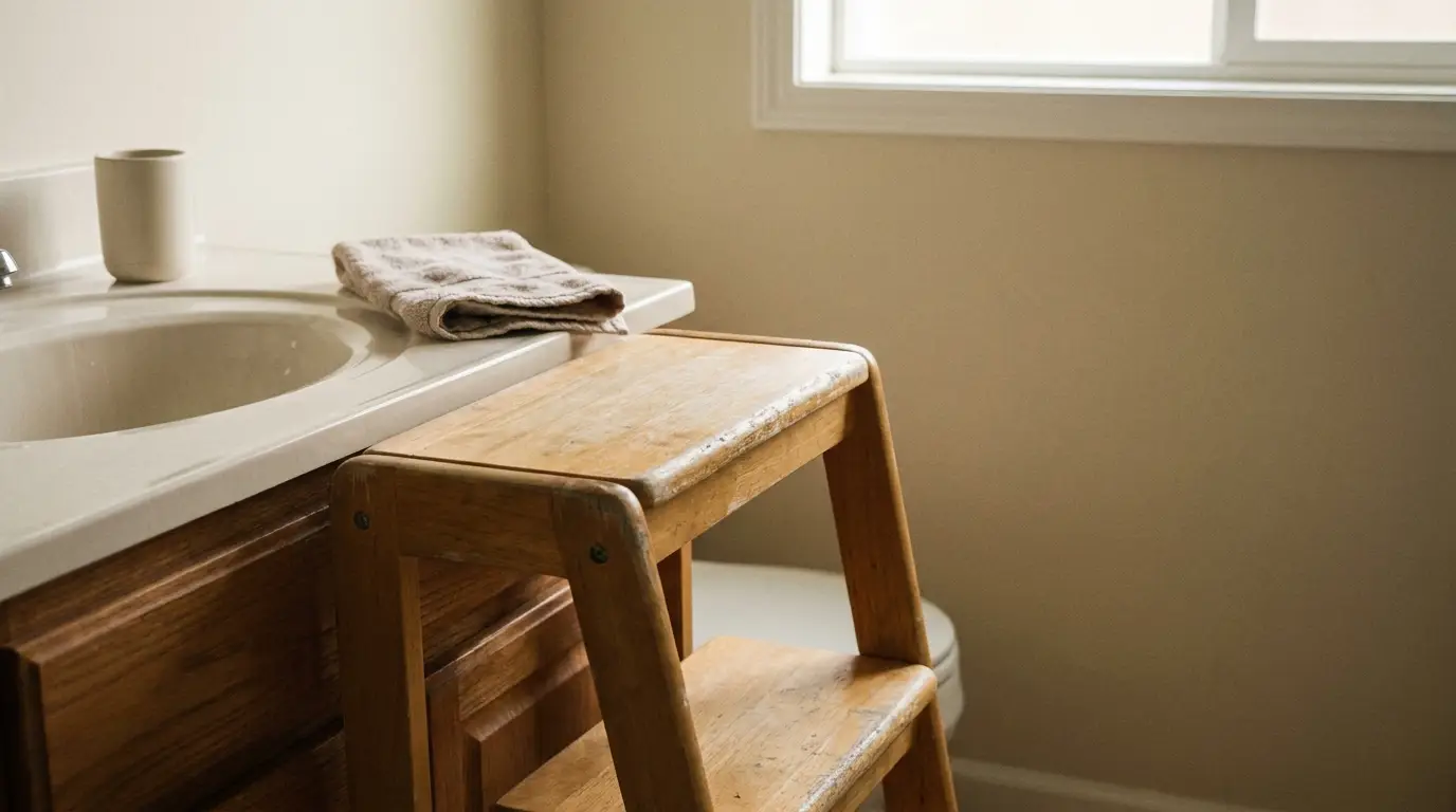 Wooden step stool beside bathroom sink with towel and white cup in natural light