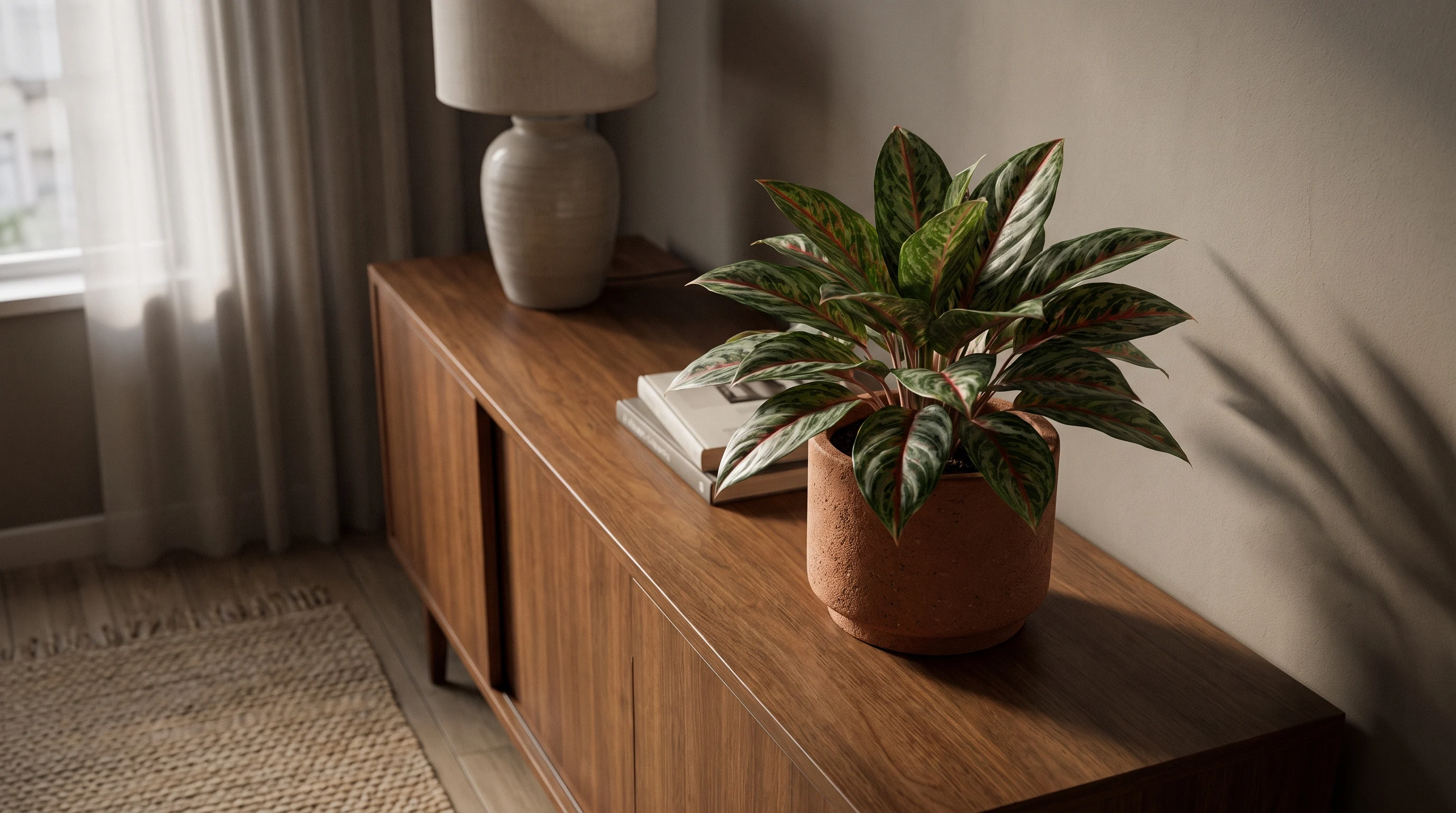 Chinese evergreen plant with patterned leaves in a low light room