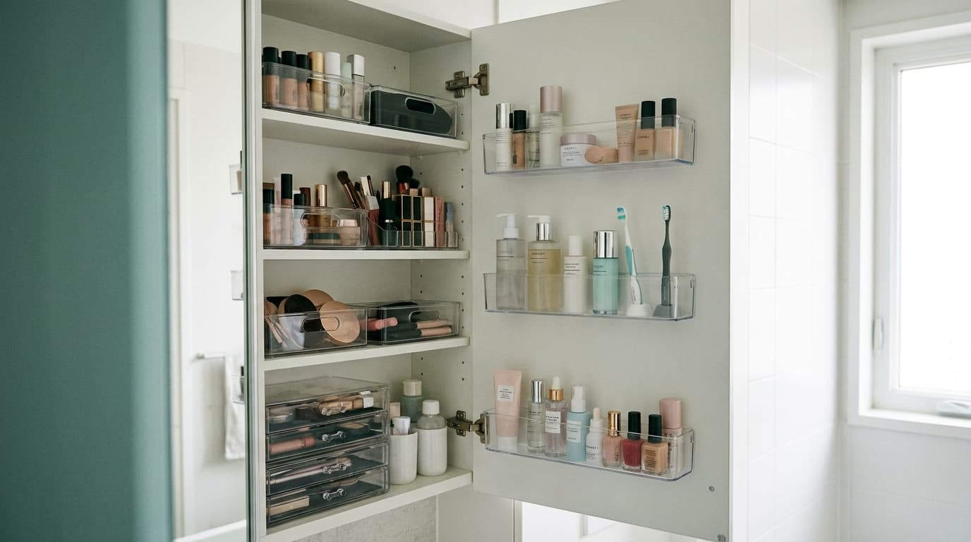 Slim organizers fitting skincare and toiletries inside a narrow bathroom cabinet.
