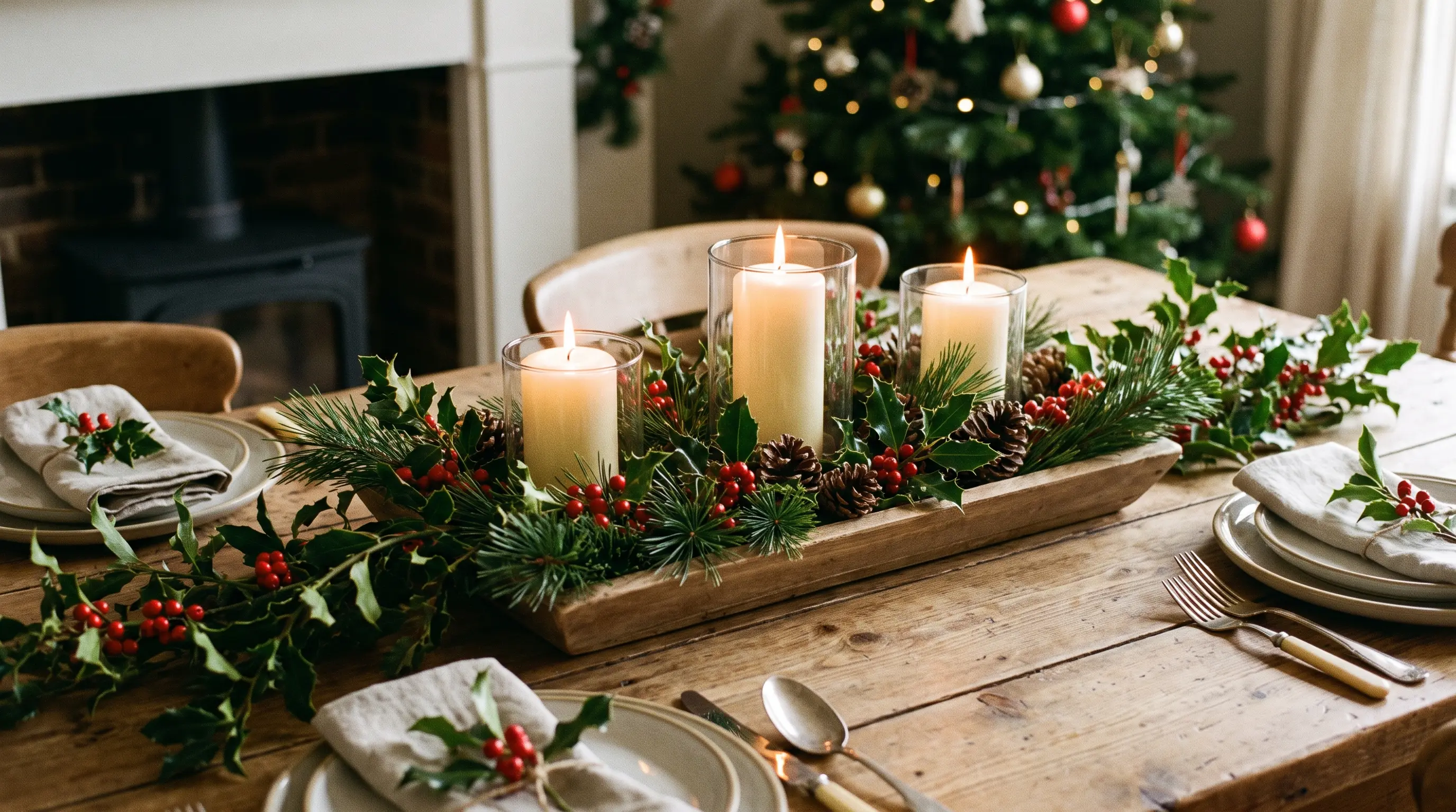 Christmas centerpiece with pine branches berries and candles