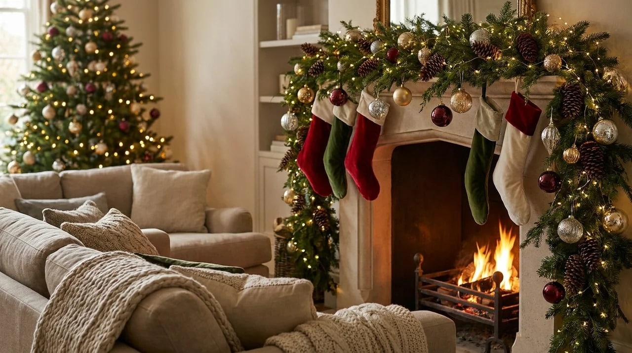 Christmas fireplace mantel decorated with stockings greenery and ornaments.