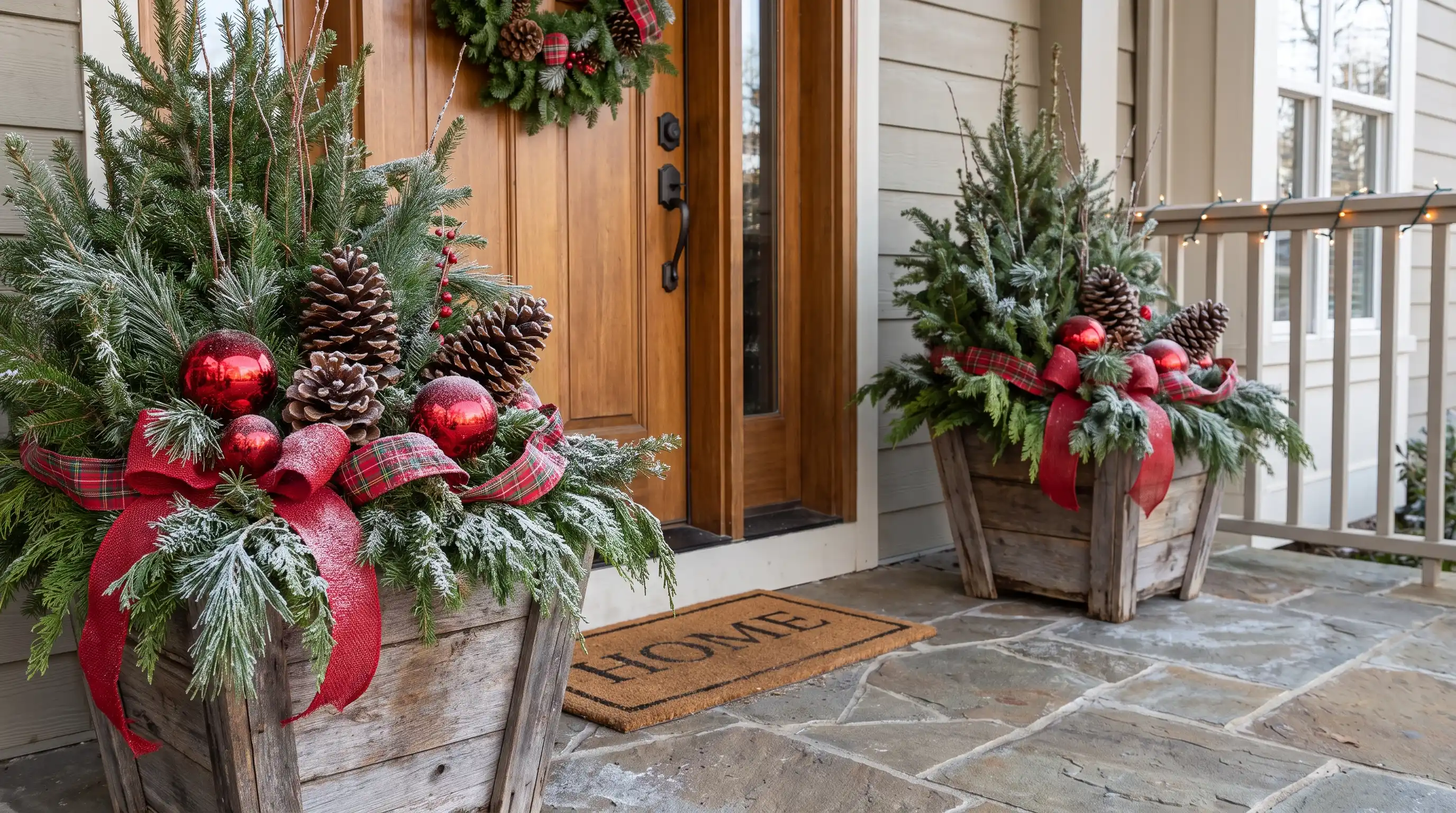 Christmas porch planters with evergreen branches and ornaments