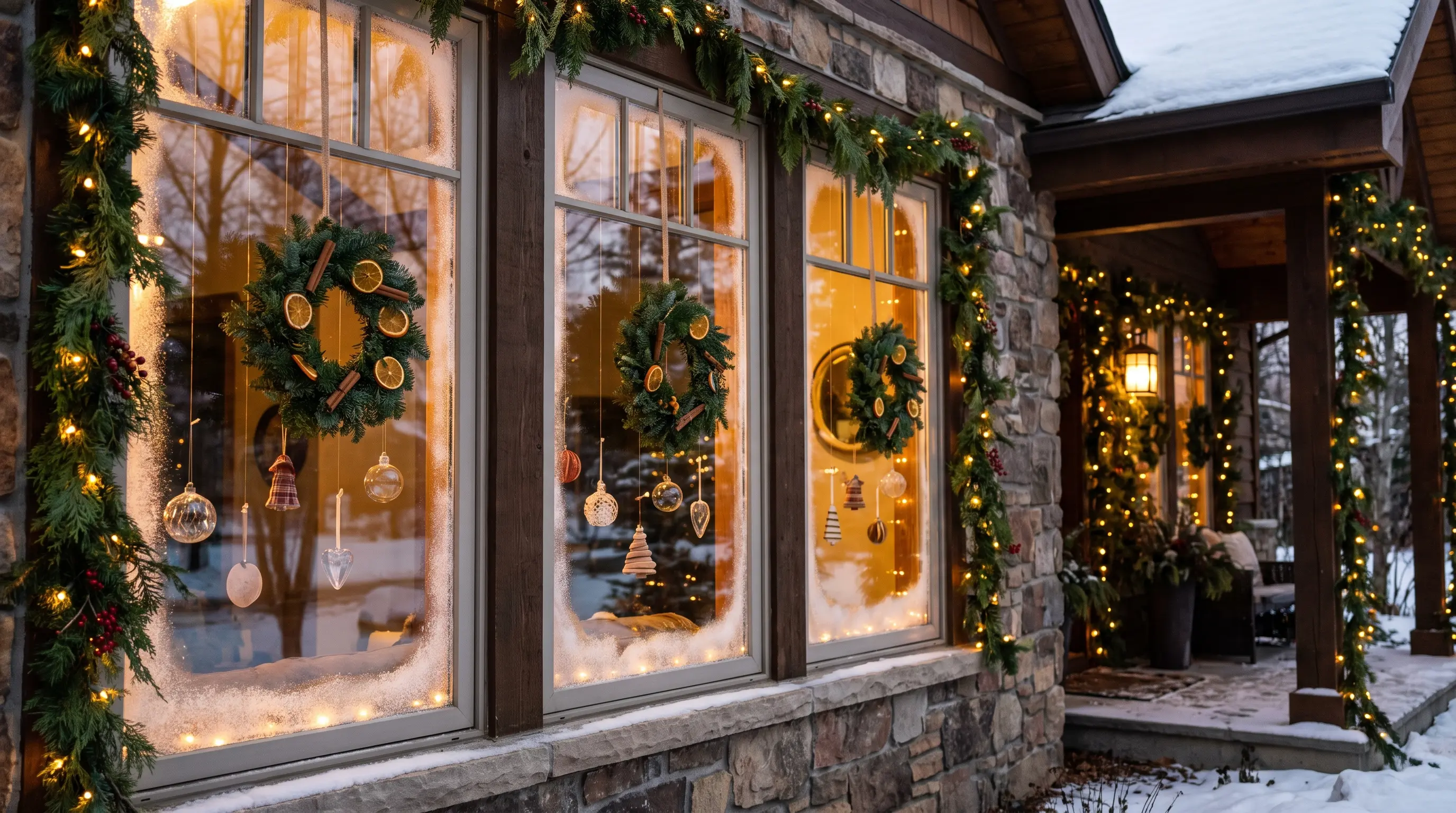 Christmas window decorations with wreaths and frosted details
