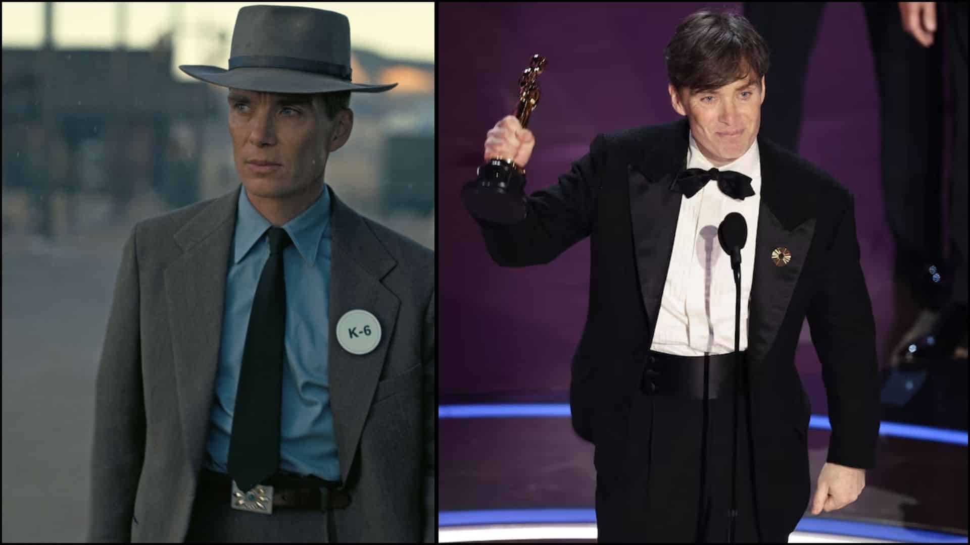 Cillian Murphy as Oppenheimer and accepting an award after his acclaimed film performance.