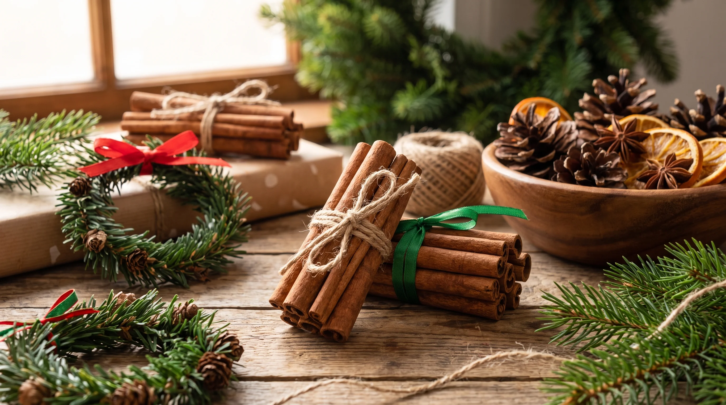 Cinnamon stick Christmas decorations tied with rustic twine