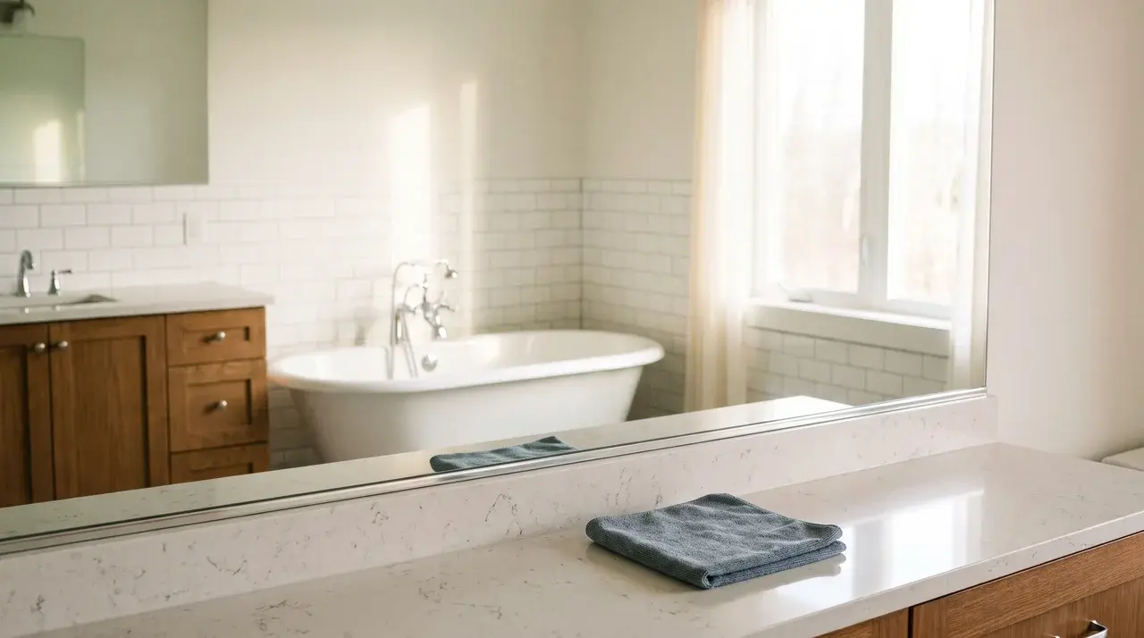 Streak-free bathroom mirror and glass surface cleaned with a microfiber cloth during a deep clean bathroom session.