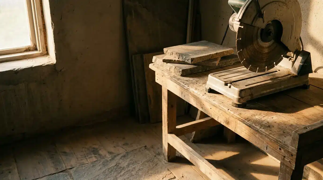 Circular saw on a wooden workbench in a sunlit workshop with stacked stone slabs