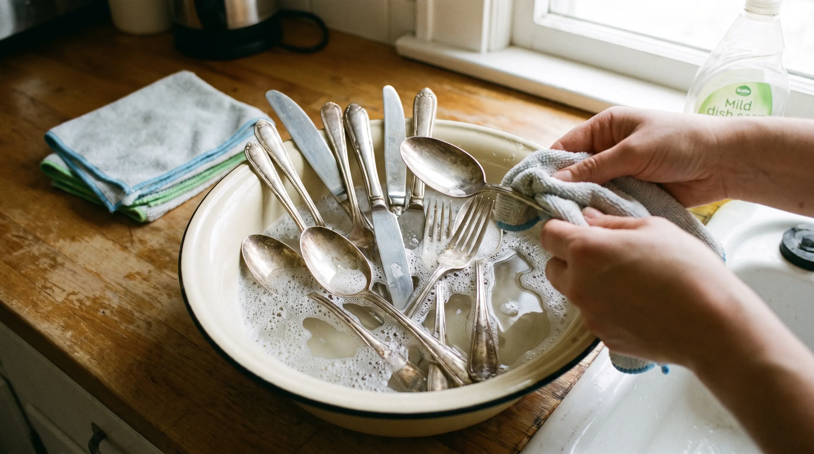 Silverware being cleaned with warm water and mild dish soap to remove light tarnish