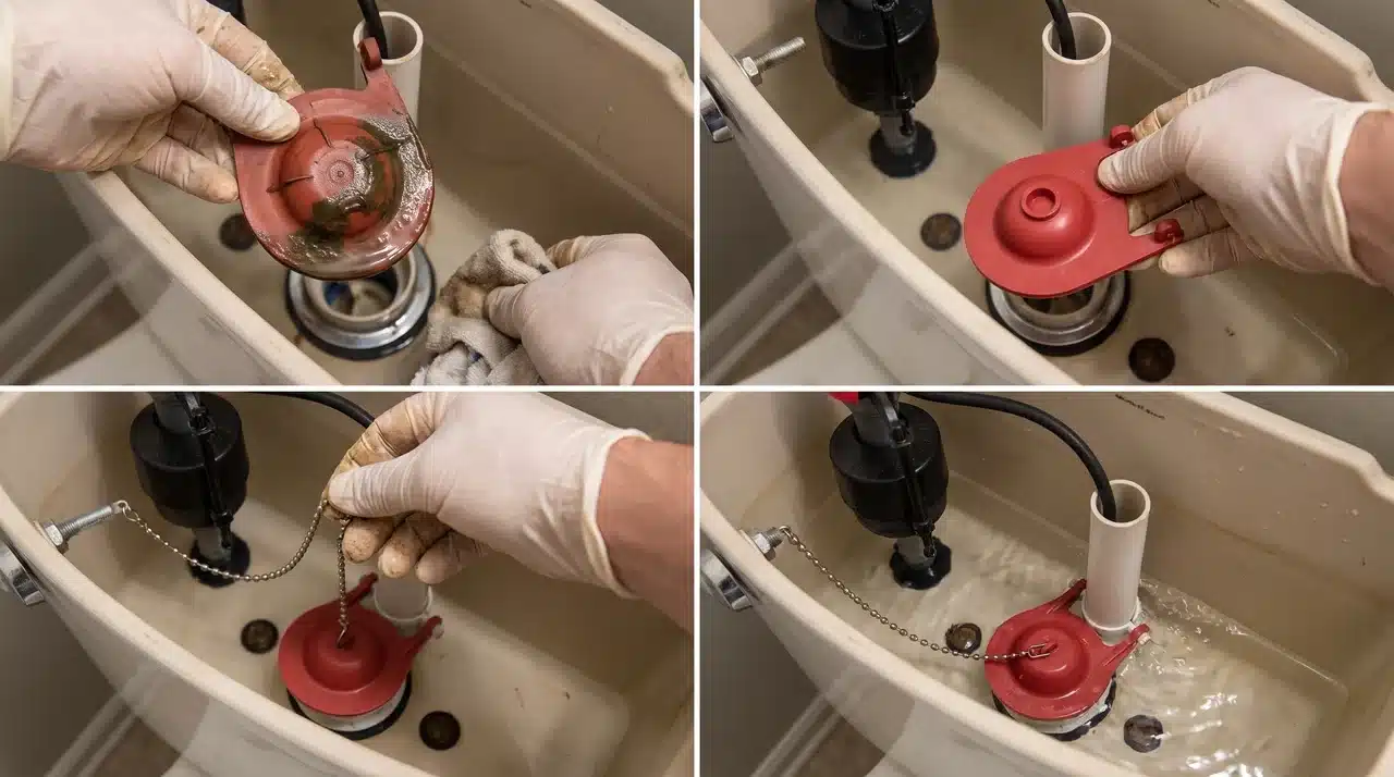 Cleaning and replacing a worn toilet flapper before testing the tank.