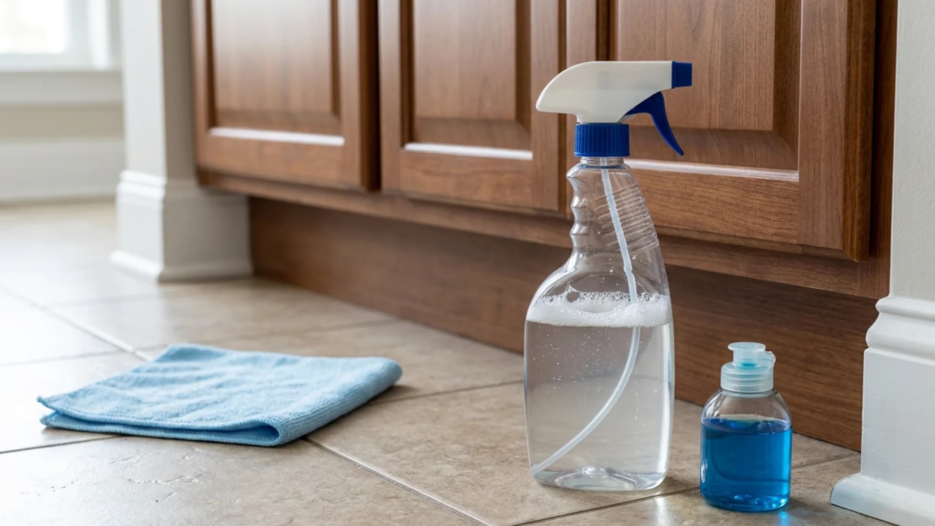 Clear spray bottle filled with soapy water next to a kitchen sink, realistic close-up.