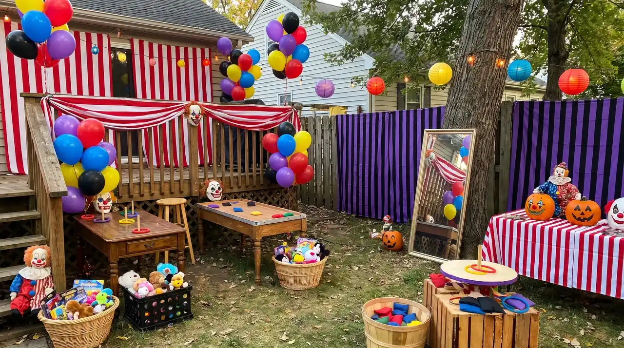 Clown carnival Halloween themes with balloons, carni.val games, and spooky party decorations.