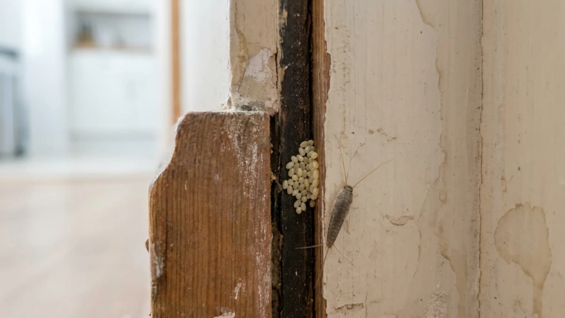 Cluster of small white silverfish eggs hidden in a wooden baseboard gap near an adult bug.