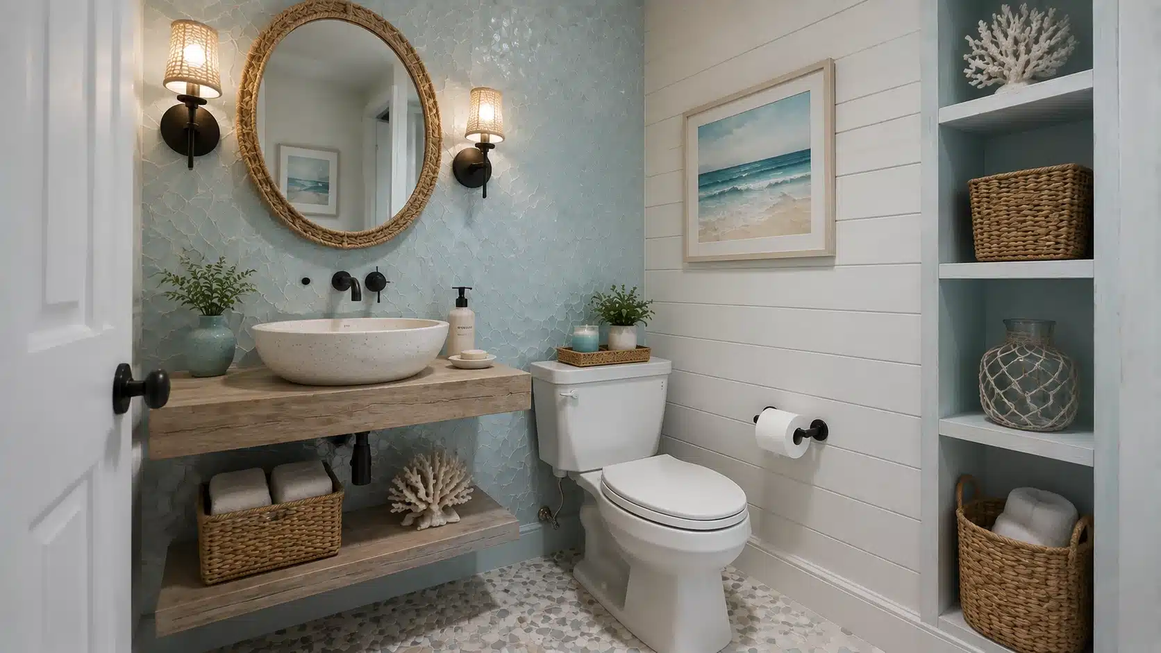 Coastal half bathroom with soft blue tones, white finishes, woven textures, and relaxed beach-inspired details.