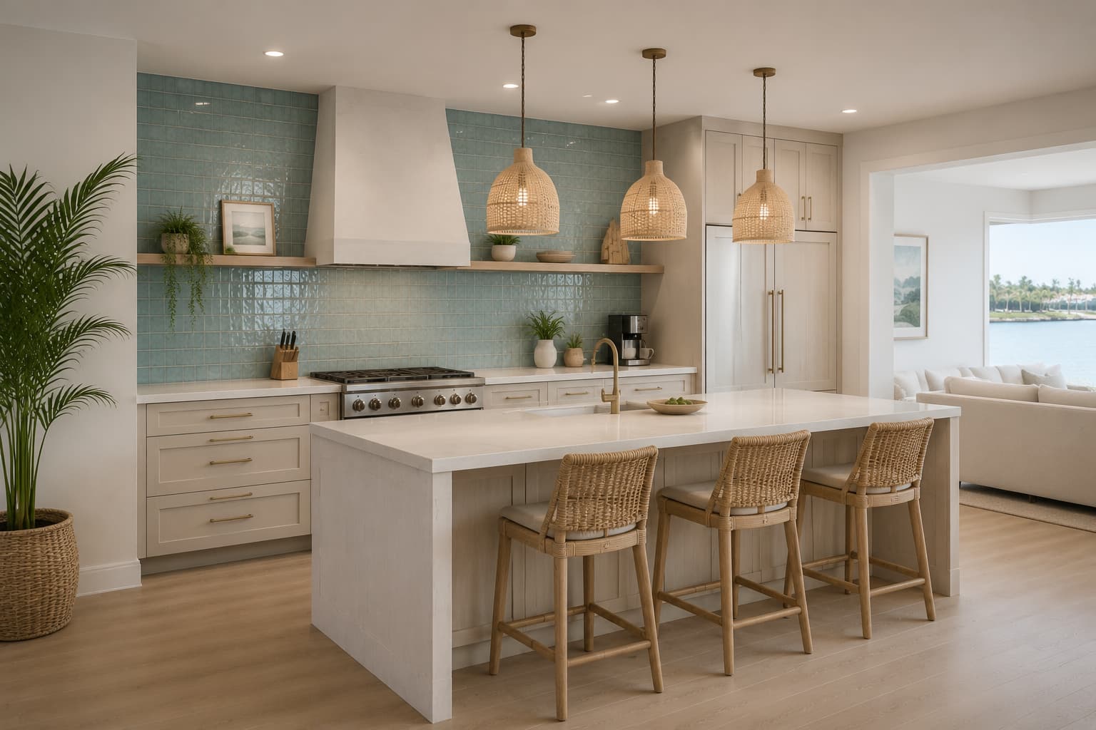 Coastal open kitchen with teal, green color palette and woven, jute fabric decor and wooden element.