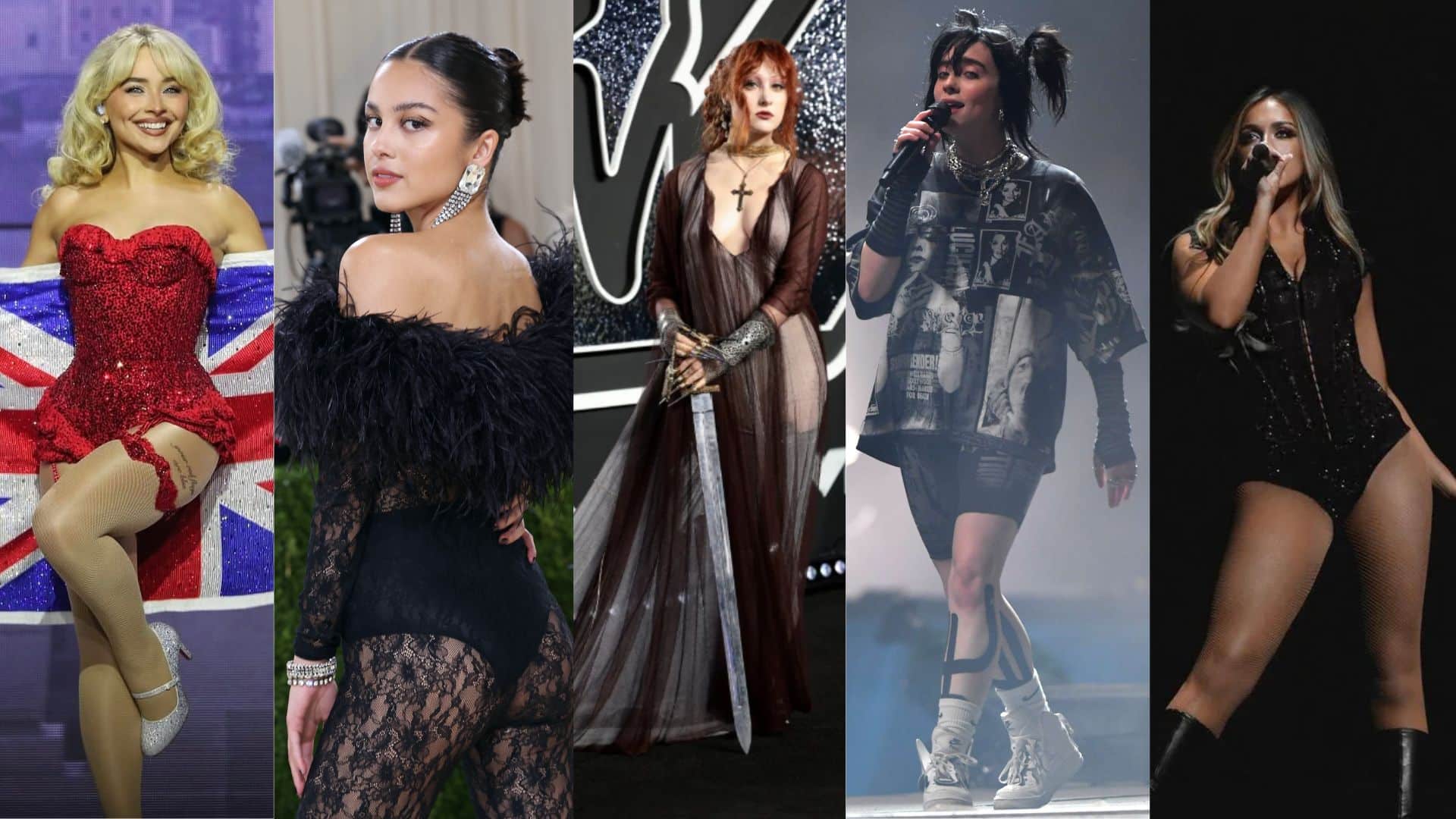 Collage of five music performers wearing stage outfits during red carpet appearances and live performances.
