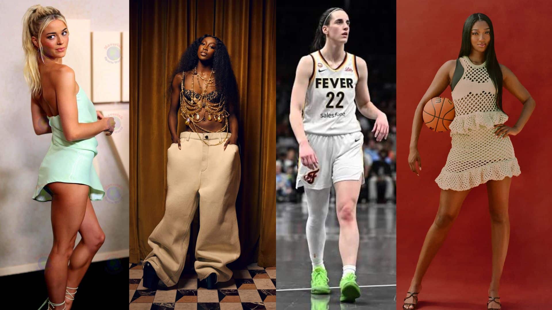 Collage of four female athletes from gymnastics and basketball shown in fashion and sports settings.