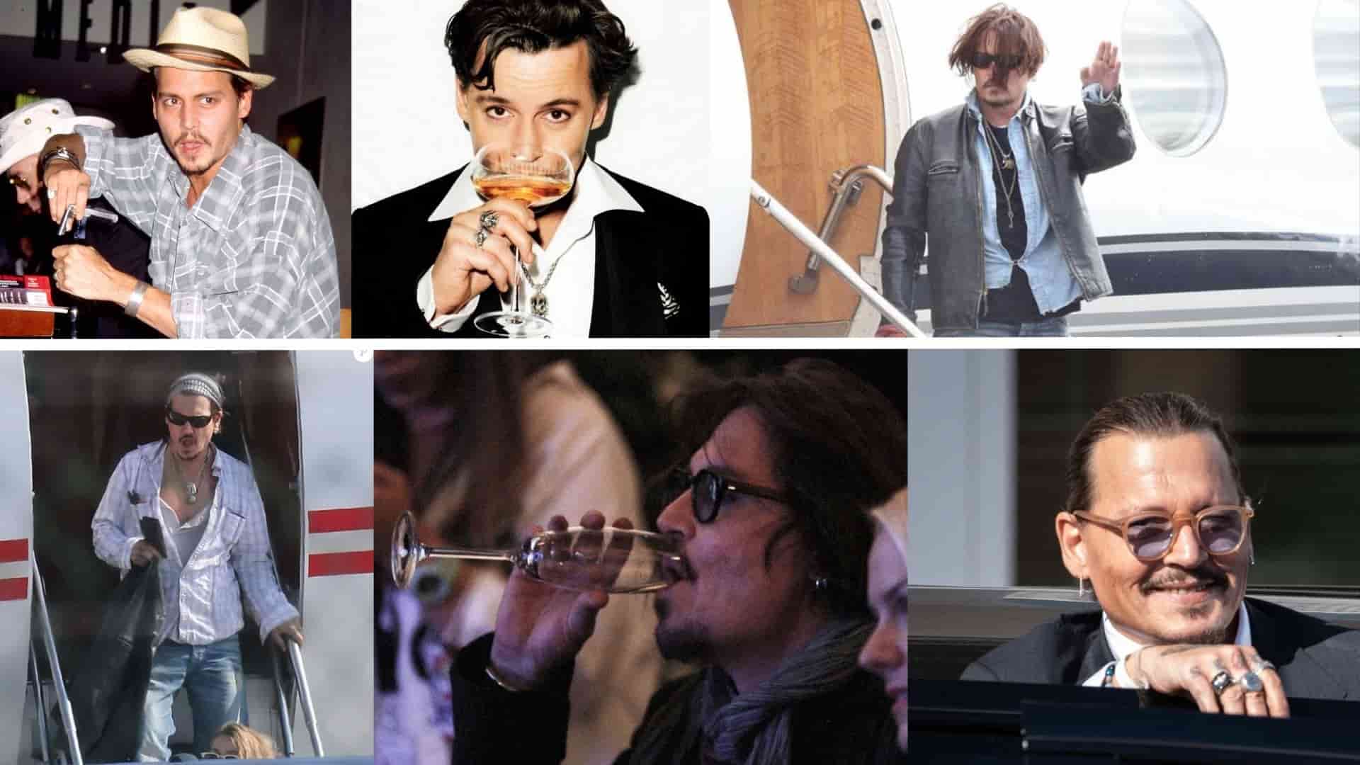 Collage of Johnny Depp drinking, traveling by private jet, and attending public events.