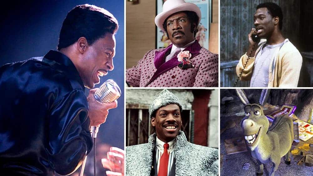 Collage of the actor performing on stage and appearing in several film roles alongside an animated donkey character.