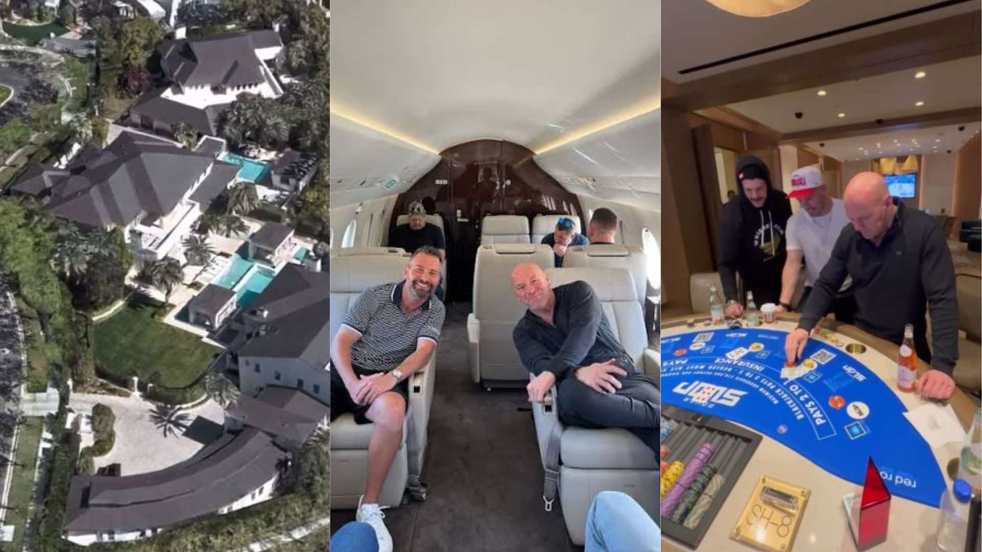 Collage showing a luxury estate, private jet interior, and high-stakes casino table.