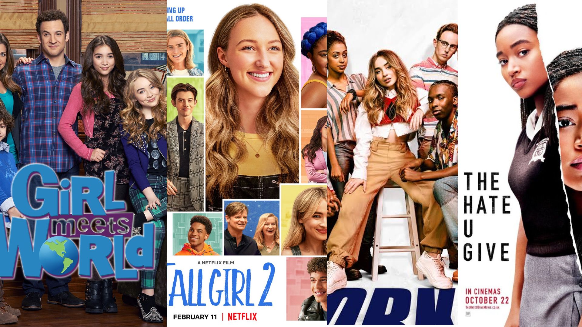 Collage showing posters and promotional images from acting projects including Girl Meets World, The Hate U Give, and other films