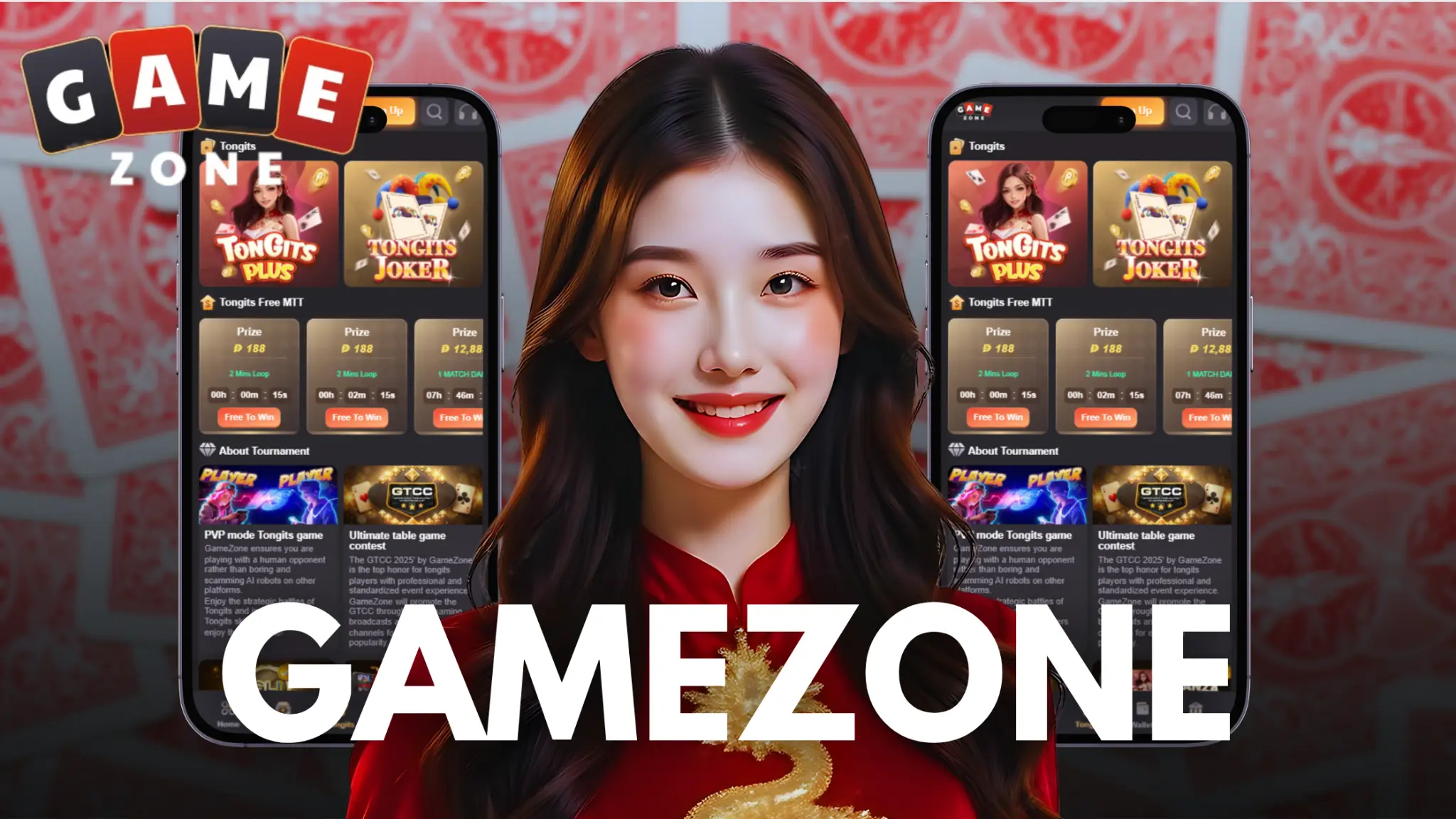 Smiling woman between two smartphones displaying gaming apps against a patterned background