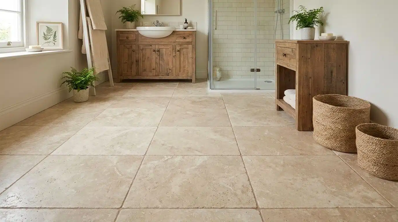 Natural stone bathroom floor with colored grout lines and tile texture