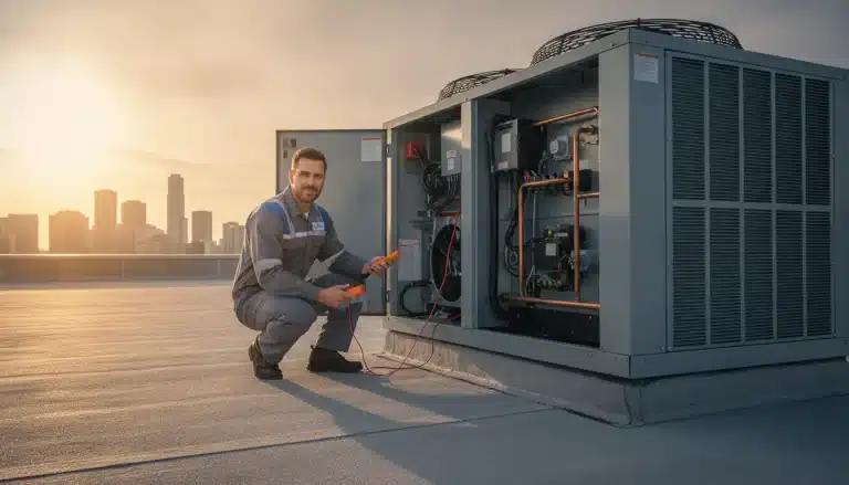 Technician inspecting large rooftop HVAC unit at sunset with city skyline in background