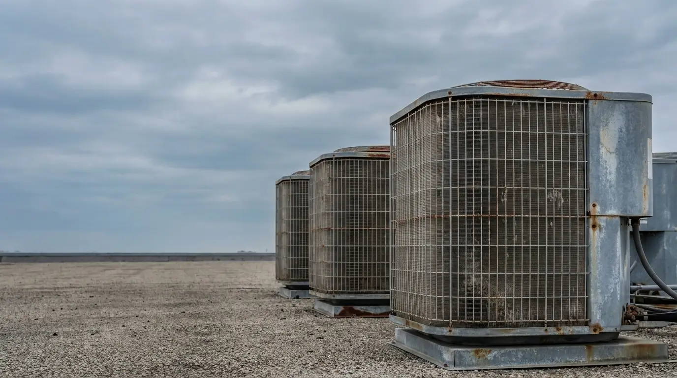 Rooftop air conditioning units lined up on gravel under overcast sky