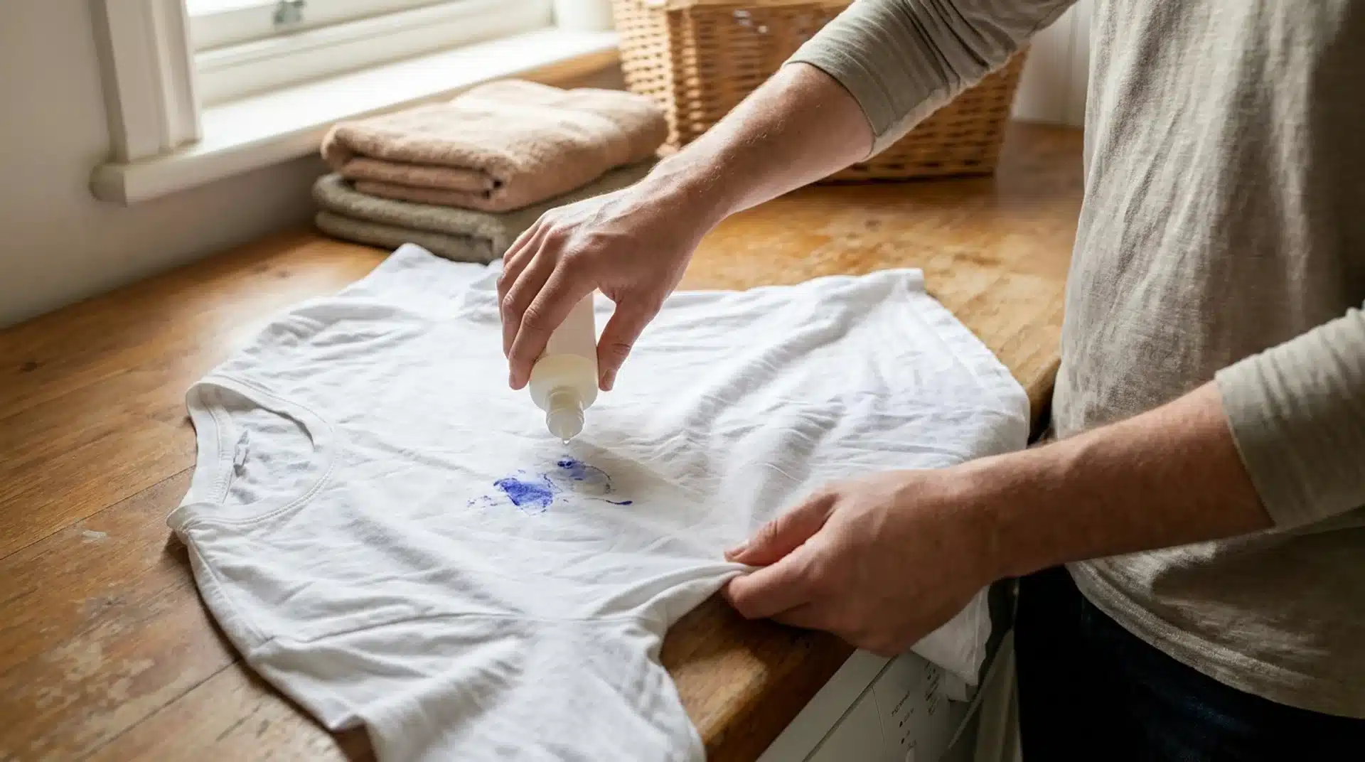 Person applying commercial stain remover directly onto a blue ink stain on a white shirt.