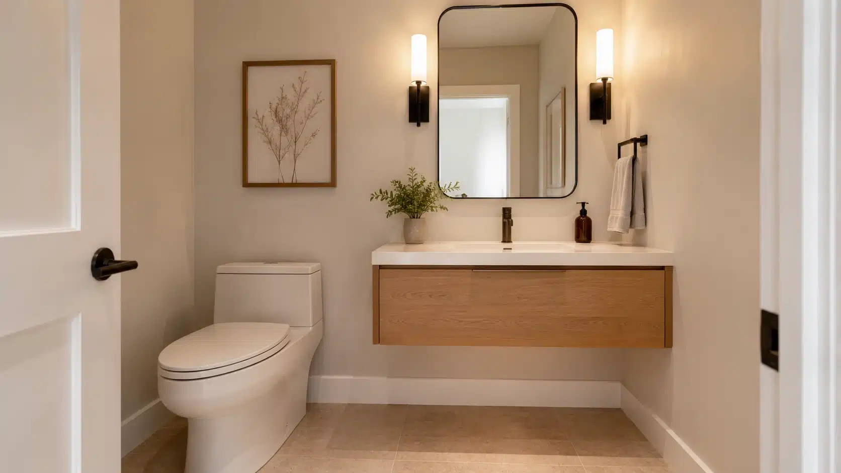 Compact half bathroom with a wall-mounted floating vanity, open floor space, and a clean contemporary layout.