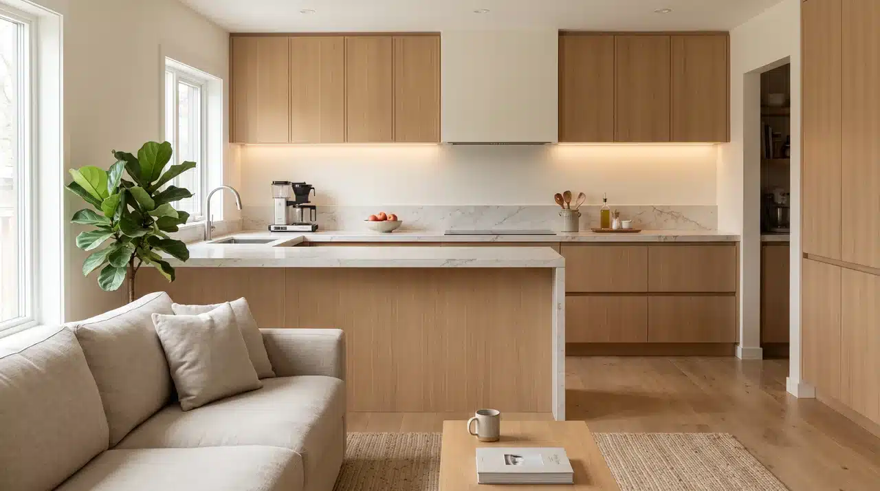Contemporary open kitchen with handleless cabinets, island, and neutral living area.