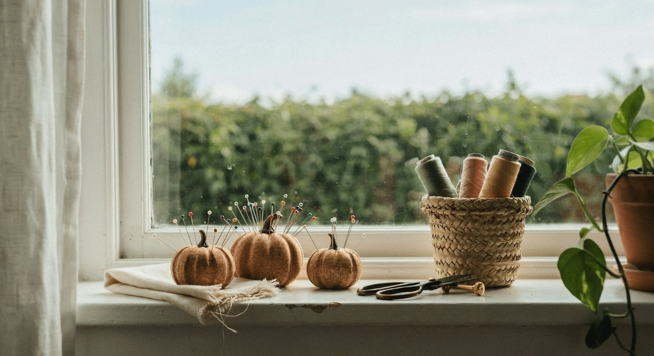 Cork pumpkin pincushions on a windowsill sewing station