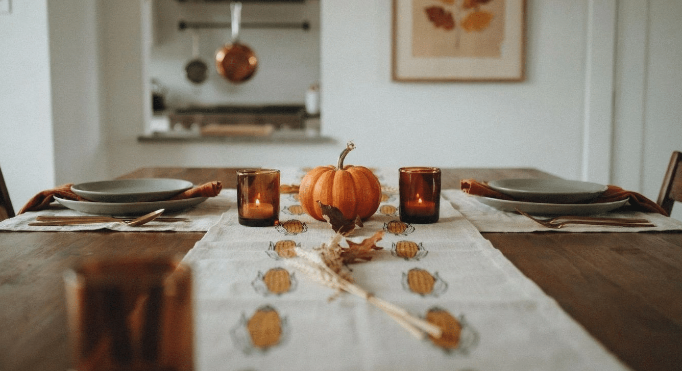 Corn cob stamped table runner on a set dining table