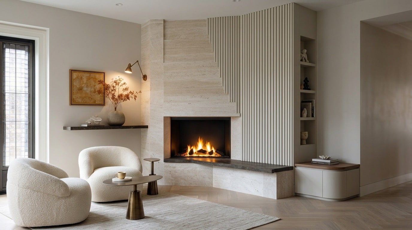 Corner fireplace feature wall maximizing space in a small modern living room.