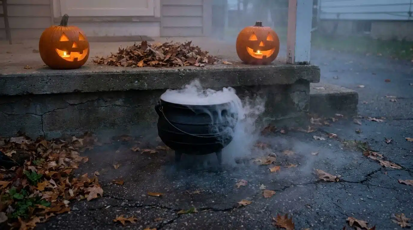 Fog rolling from a cauldron on porch steps