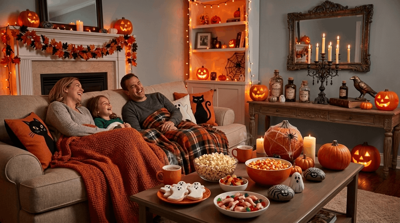 Cozy Halloween movie night with blankets, snacks, drinks, and festive living room decorations.