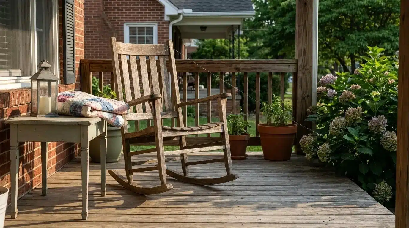 Empty rocking chair rigged with fishing line on a porch