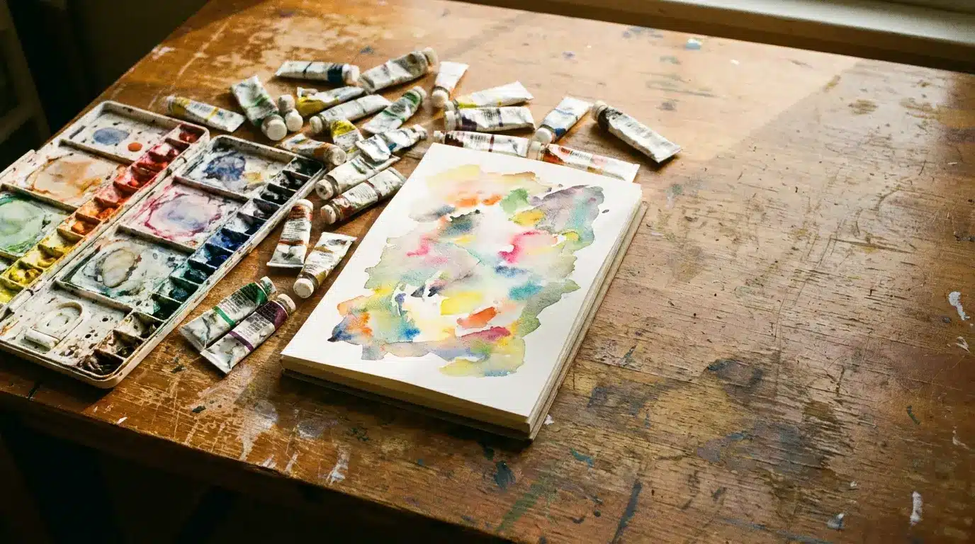 Watercolor painting and paint tubes on wooden desk in art studio