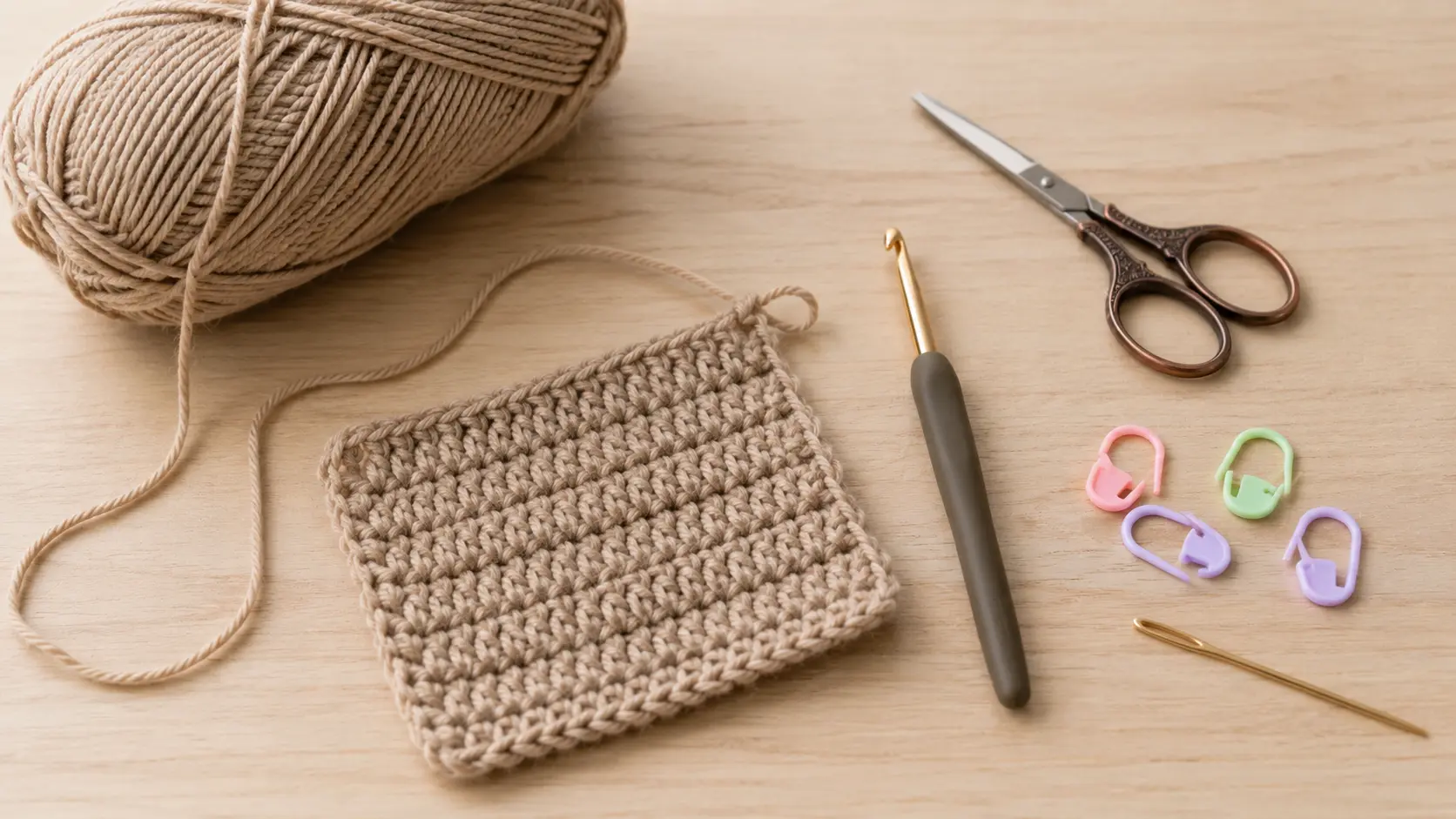 Beginner crochet kit with yarn, hook, scissors, stitch markers, yarn needle, and a finished swatch on a wooden table.